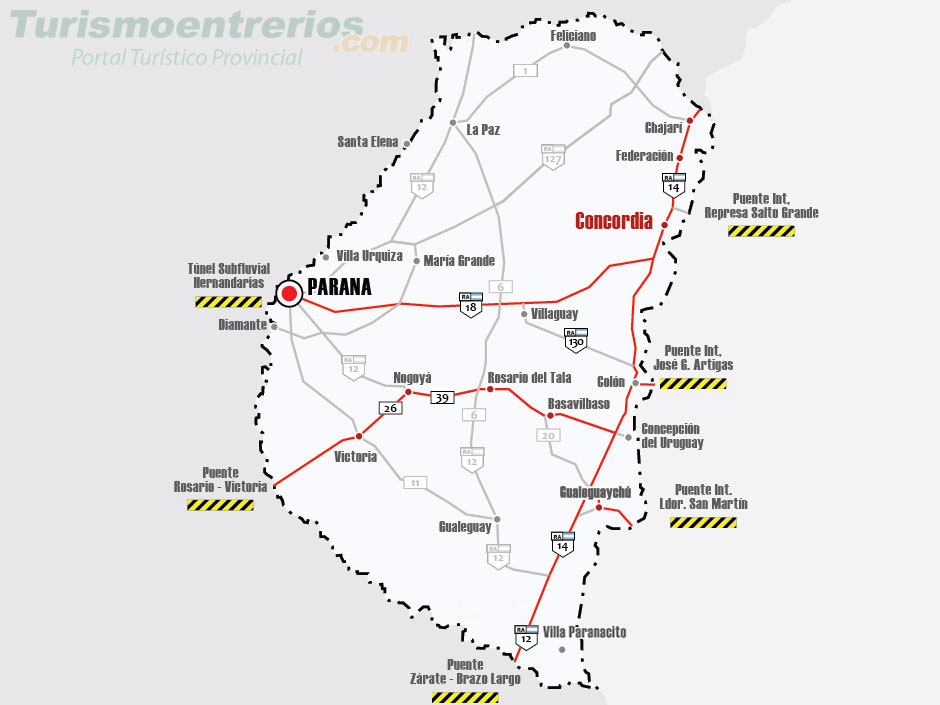 Mapa de Rutas y Accesos a Concordia - Imagen: Turismoentrerios.com
