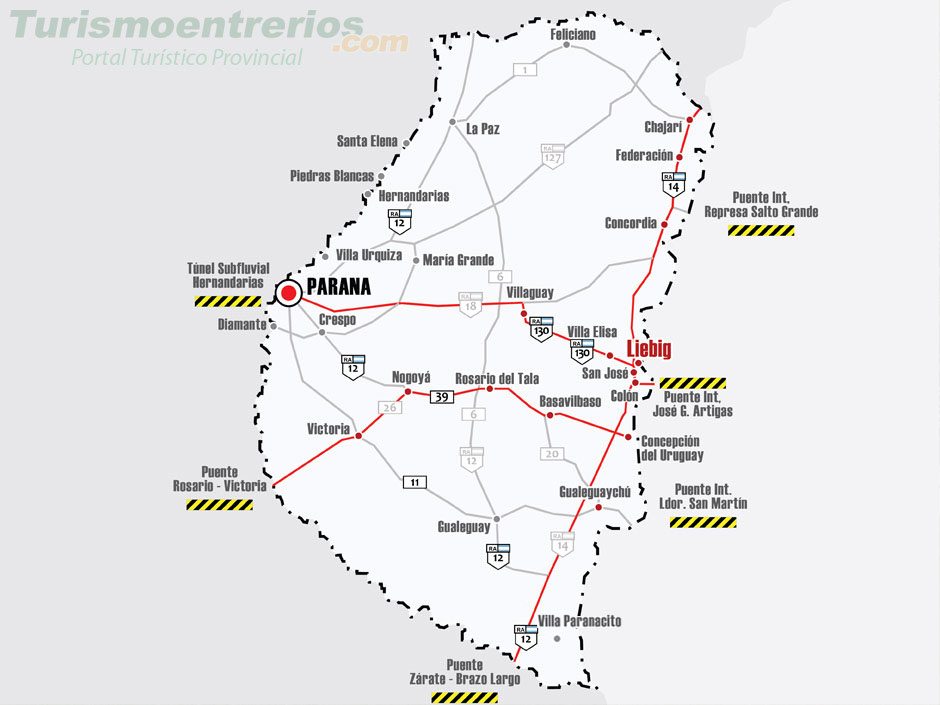 Mapa de Rutas y Accesos a Pueblo Liebig - Imagen: Turismoentrerios.com